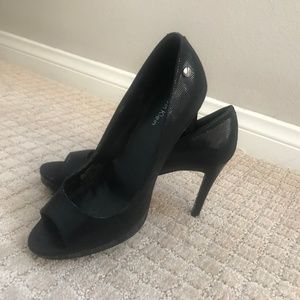 Black Calvin Klein snake texture open toe pumps